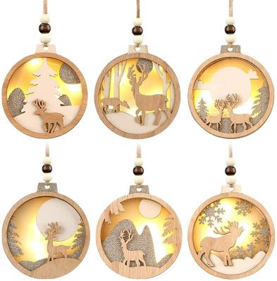 China Eco-Friendly Farmhouse Rustic Ornaments Set Hanging Decorations Wooden Glitter Reindeer 3D Tree LED Christmas Decorations for sale