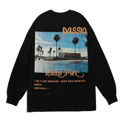 China Casual Loose T-shirt Men Landscape Print Long Sleeve Breathable Cotton Tee Crew Neck Streetwear T-shirt Men for sale