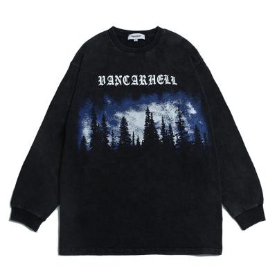 China Breathable Streetwear Crew Neck Cotton Tee Landscape Print T-shirt Men Long Sleeve Distressed Loose Casual T Shirt Men for sale