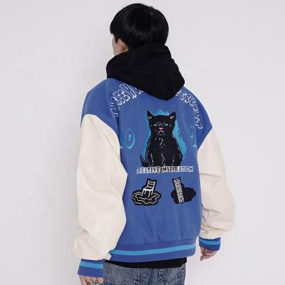 China Loose Stand Collar Jacket Men Streetwear Casual Baseball High Street Cartoon Cat Embroidery Sleeve Pu Windproof Jacket Men for sale