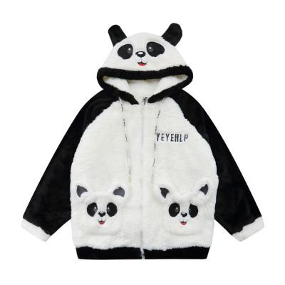 China Panda Embroidery Fleece Jacket Mens Streetwear Spliced ​​Hooded Men Casual Loose Thick Winter Outerwear Jackets for sale