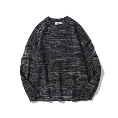 China Breathable Ripped Striped Sweater Men Streetwear Loose Crew Neck Knitted Sweaters Autumn Casual Pullover Men for sale