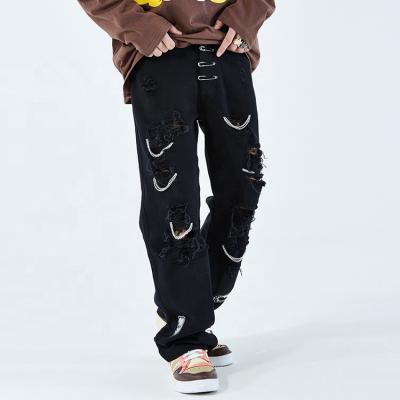 China Breathable Skull Embroidery Ripped Hole Jeans High Street Men's Denim Pants Hip Hop Loose Straight-Leg Pants Pants Men for sale