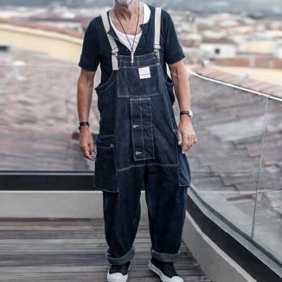 China Plus Size Denim Overalls Jeans Mens Cargo Work Pants Functional Multiple Pockets Pants Overalls Mens Loose Bib Pants Dark Blue for sale