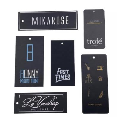 China 2022 Fashion Viable Custom Brand Name Private Logo Clothing Label Black Printed Paper Tag For Garment for sale