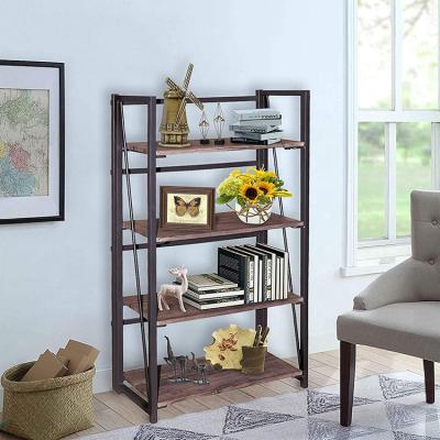 China Multi Layer 4 Tier Sustainable Metal Folding Shelf Metal MDF Corner Display Storage Rack, Wooden Display Stand for sale