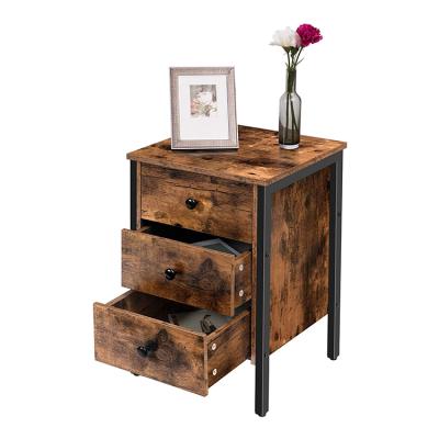 China No Regular Modern Metal 3 Drawer Nightstand Rustic Wood Bedside Table Bedroom Furniture, Hotel Night Stand for sale