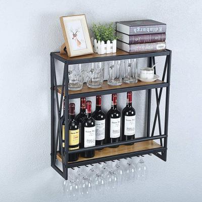 China 2022 Sustainable Hotel Bars Easy Assemble Bottle Hanging Black Iron Metal Wall Rack Wooden Wine Rack for sale