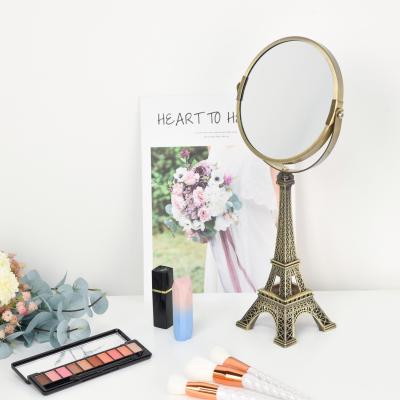 China French Eiffel Tower Paris Table Design Makeup Mirror Bronze Double Sided Decorative Round Mirror Metal Frame Magnifying Mirror for sale