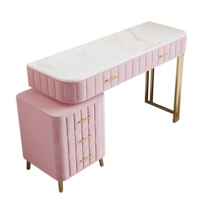 China Convertible Furniture Makeup Vanity Dressing Table With Led Mirror Gold Metal Chair Suede / Marble Rotating Dressing Table for sale