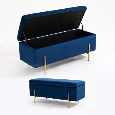 China Customizable Luxury Blue Velvet Sofa Ottoman Bench Seat Factory High Quality Storage Bedroom Storage With Gold Leg for sale