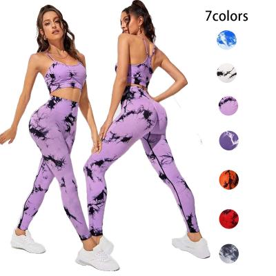 China Breathable Seamless Tie Dye Yoga Sets Sports Fitness High Waist Hip lifting Pants Beauty Back Bra Suits Workout Gym Leggings Sets for Women for sale