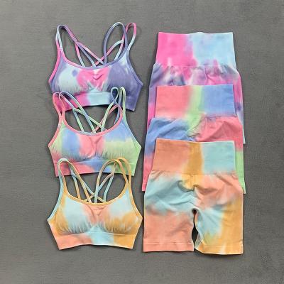 China Breathable Tie Dye Two Piece Set Yoga Set Summer High Waist Stretch Gym Shorts Seamless Padded Yoga Bra Workout Suits Sports Wear lady for sale