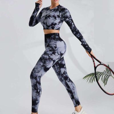 China Breathable Custom LOGO Tie Dye Seamless Women Yoga Set Workout Running Yoga Wear Long Sleeve+Push Up Leggings Sportswear Gym Fitness Sets for sale