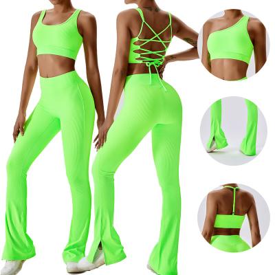 China Breathable 2023 New Cross Strap Casual Sports Yoga Suit Thread Wide Leg Micro Horn pilates Back Fitness Sets for sale