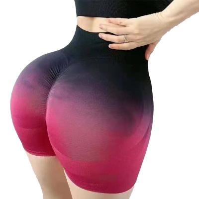 China New Women Gradient Yoga Breathable Seamless Gym Shorts Running Tight Sports Workout Shorts Waist High Elastic Butt Fitness Lifting Pants for sale