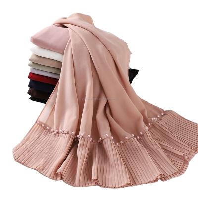 China Women's Length Hui Women's Muslim Beaded Scarf Malaysian Headscarf Pleated Solid Chiffon Pleated Scarf Muslim Hijab for sale