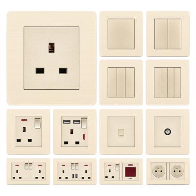 China Luxury Modern Aluminum Wire Drawing Electric Button Switch British Standard Gold 86*90MM Wall Switches 86*90mm for sale