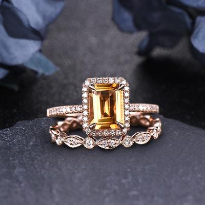 China 14k Romantic Wedding Ring Jewelry Set from Solid Gold 1.5Ct Emerald Cut Natural Citrine Engagement Ring Set Luxury Trendy Elegant for sale