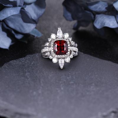 China 14k Romantic Luxury Gemstone Ring Set Women Garnet Engagement Ring Set High QualityLight Cushion Cut Solid Gold 2.2Ct for sale