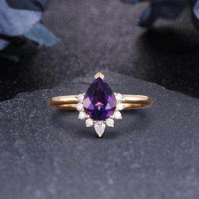 China 14k Solid Gold 1.26CT Romantic Pear/Drop Cut Natural Unique Luxury Amethyst Engagement Wedding Ring Hotsale Anniversary Ring 2021 for sale