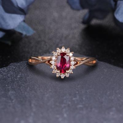 China 14k Solid Gold Romantic 0.55Ct Ruby Engagement Ring Wedding Ring Lab Created Oval Cut Customized Design Gold Ring For Women for sale