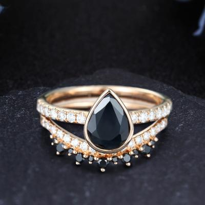 China 2021 New Romantic Hot Sale 14K Solid Gold 1.32CT Pear Cut Natural Black Onyx Gemstone Ring Set Women Business Luxury Tasty Jewelry for sale