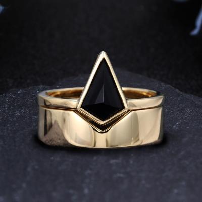 China 2021 New Romantic Engagement Band Jewelry 14K Solid Gold 2.1CT Luxury Tasty Kite Shaped Natural Black Onyx Gemstone Ring Set for sale