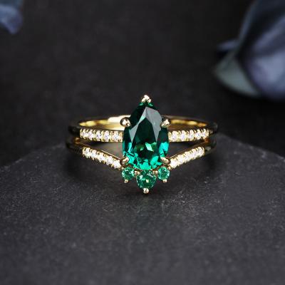 China 14k Solid Gold 1.5Ct Pear/Emerald Lab Created Style Unique Romantic Anniversary Ring Set Engagement Wedding Ring Set France Drop Cut for sale