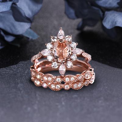 China 14k Solid Gold 1.3Ct Romantic Oval Cut Natural Morganite Engagement Ring Set Fashion Wholesale Women Jewelry Ring Set for sale