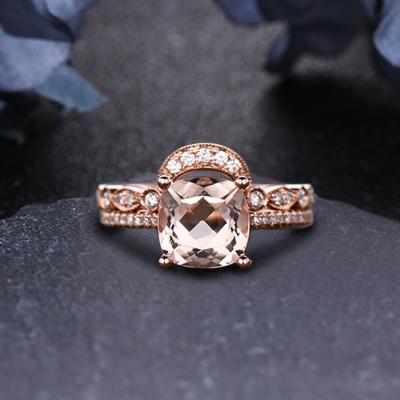 China 14k Solid Gold Romantic 2.3Ct Cusion Cut Natural Morganite Engagement Ring Set Top Sale Manufacturer Jewelry Ring For Women for sale