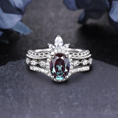 China 14k Solid Gold 1.2Ct Romantic Oval Cut Alexandrite Engagement Ring Set Special Unique Hot Sale Real Sterling Eternity Ring Set for sale