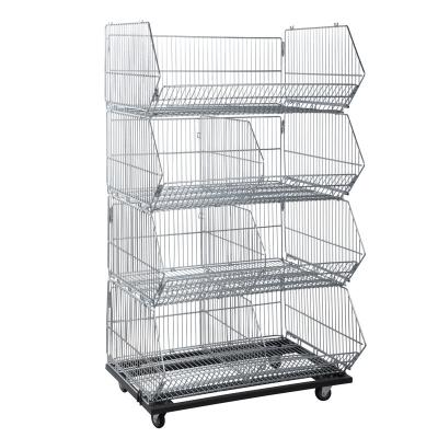 China 4 Layers Folding Steel Wire Mesh Display Storage Stacking Cage Container with Wheels for sale