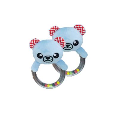 China Plastic Plush Rattle Ring in Teddy Bear with Ears Plaid Beans Insert Craft Toy for Newborn Baby for sale