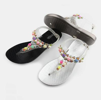 China Anti-Smell 2019 Spring Beach Women Beaded PVC Sandals Ladies Bead Flower Floral Buckle Strap Thong Girls Flat Fashion Flip Flops for sale