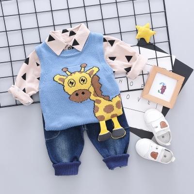 China 2020 Fashion 3 Pieces Autumn Boys Smart Casual Cute Casual Cute Shirt+Giraffe Vest+Jeans Cartoon Print Set Kids Clothing for sale