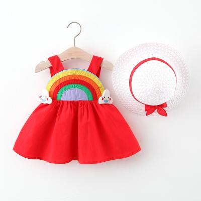 China 2021 Summer Children Baby Anti-static Rainbow Printing 100%cotton +hat Quality Kids Girls Dresses for sale