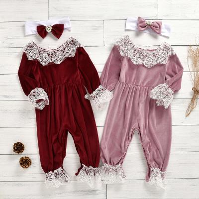 China Infant Baby Autumn Clothes Baby Long Sleeve Overalls Solid Color Velvet Lace Soft Newborn Organic Romper Embroidery for sale