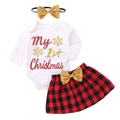 China Hot Sale Baby Christmas Anti-Static Clothes Print My 1st Christmas Girls Christmas Plaid Bowknot Skirt Dress Outfit 3pcs for sale