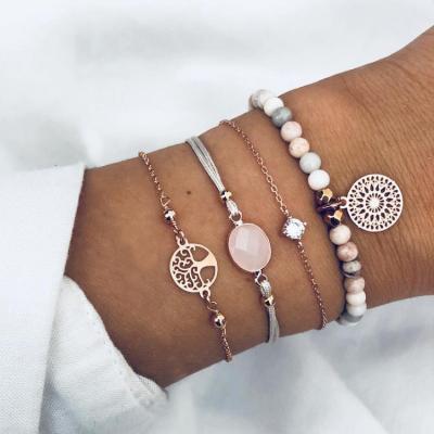 China Wholesale CLASSIC Women Bohemian Jewelry Fashion Crystal Heart Shell Alloy Rope Natural Stone Bracelets Set For Ladies for sale