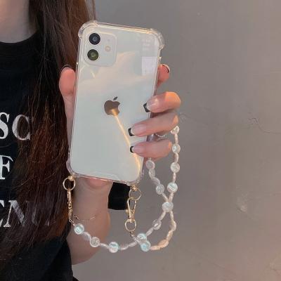 China Luxury Shockproof Shockproof Clear Phone Case With Pearl Chain For iPhone 13 12 11 Pro Max X XS XR 7 8 Plus Se for sale