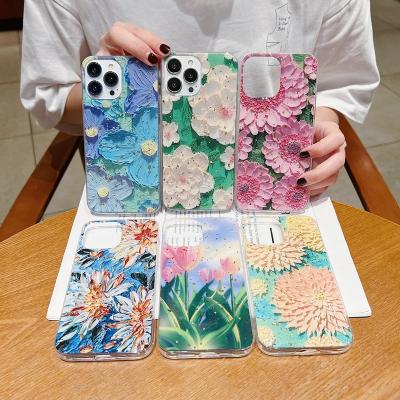 China Newest Girly Aesthetic Shockproof Glitter Summer Flower Oil Painting Phone Case For Iphone 14 13 12 11 pro Se Max X XS XR 7 8 for sale