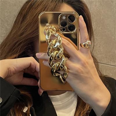 China 2022 Fashion Women's Luxury Gold Plating Shockproof Wrist Strap Phone Case For iPhone 13 12 11 pro X Max XS XR 7 8 plus for sale