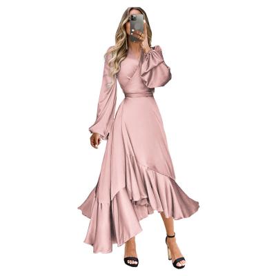 China Plus Size Breathable Casual Women Dresses Irregular V-Neck Sexy Ladies Ruffle Solid Lantern Sleeve Elegant A-line Dress Dress for sale