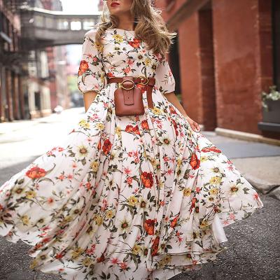 China Women Breathable O-Neck Vintage Dress Dresses Summer Sweet Three Quarter Floral Dress Long Sheath Casual Dresses Elegant Streetwear Ladies for sale