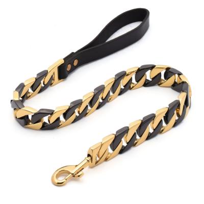 China JEWELED 32mm Gold and Black Genuine Leather Handle Dog Leash Stainless Steel for sale