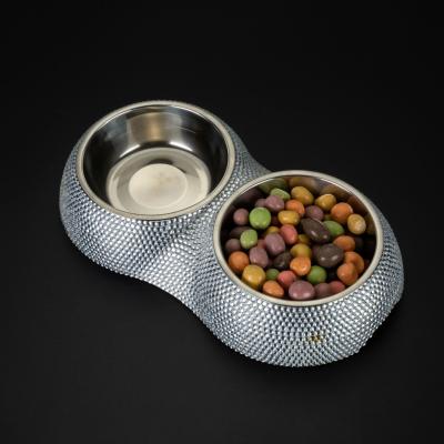 China Sustainable Handmade Rhinestone Stainless Steel Pet Feeder Bling Double Dog Bowl for sale