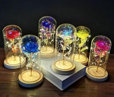 China Popular Galaxy Rose Colorful Artificial Flower Mom Gifts Rose Led Light String Flowers In Glass Dome Unique Gifts For Women Birthday for sale