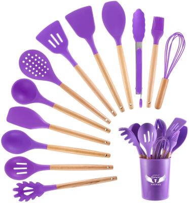 China Easy To Clean 13 PC Kitchen Cookware Silicone Cooking Wooden Holder Handle ToolsPortable Utensils Set With Case for sale