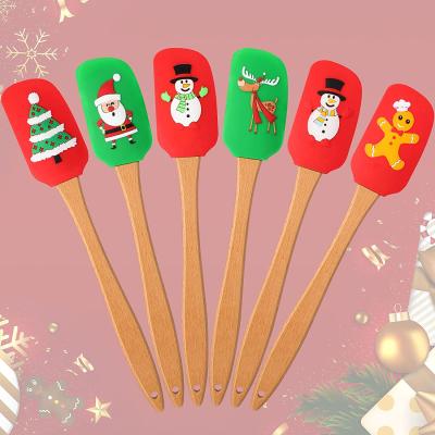 China Sustainable Kitchen Santa Claus Pattern Cake Decorating Christmas Silicone Spatula Spatula with Wooden Handle for Stir Buttercream for sale